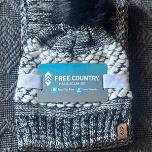Knit Hat and Scarf Set NEW Black White 2 PC Free Country NWT w/Pom Pom